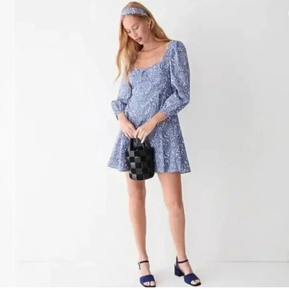 J. CREW Sweetheart Long Sleeve Mini Dress Liberty Bourton Bloom Blue Sz 12
